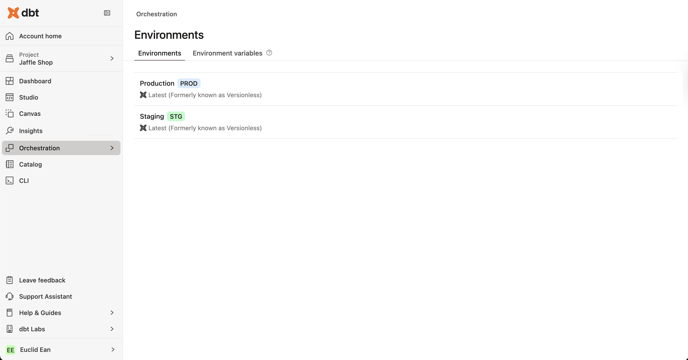 The Orchestration page with the environments.